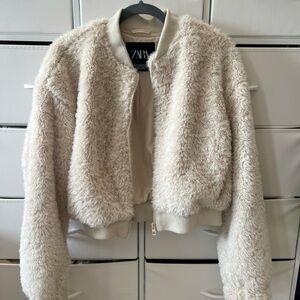Faux fur crop bomber , jacket Zara